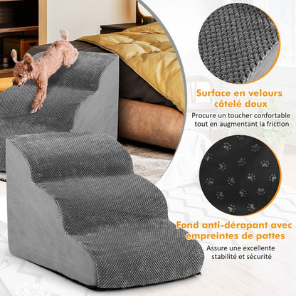 Escalier Pour Animaux À 3 Marches En Mousse Haute Densité Rampe Pour Chien/Chat Avec Fond Antidérapant Et Tissu Suédé Doux Café/Gris