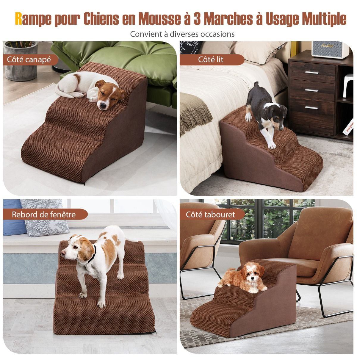 Escalier Pour Animaux À 3 Marches En Mousse Haute Densité Rampe Pour Chien/Chat Avec Fond Antidérapant Et Tissu Suédé Doux Café/Gris