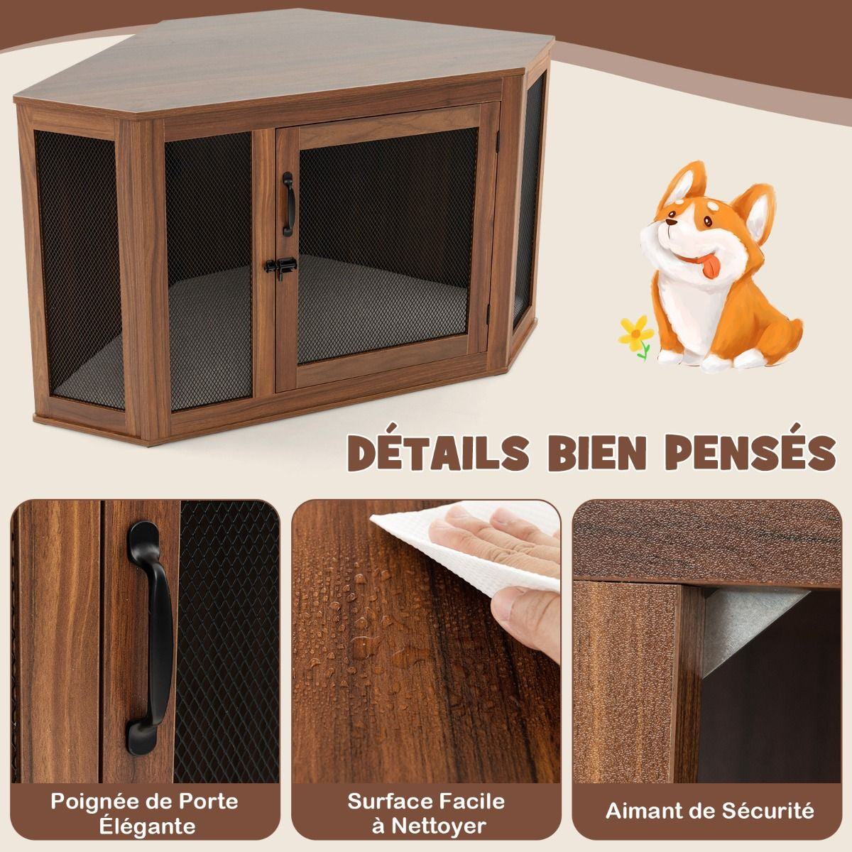 Cage Pour Chien Intérieur XXL Cage D’Angle Pour Animaux De Compagnie Avec Porte Verrouillabl Niche Chien Caisse Chien 114 X 60 X 68 CM Brun