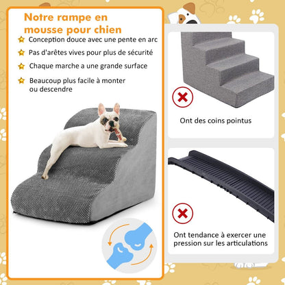 Escalier Pour Animaux À 3 Marches En Mousse Haute Densité Rampe Pour Chien/Chat Avec Fond Antidérapant Et Tissu Suédé Doux Café/Gris