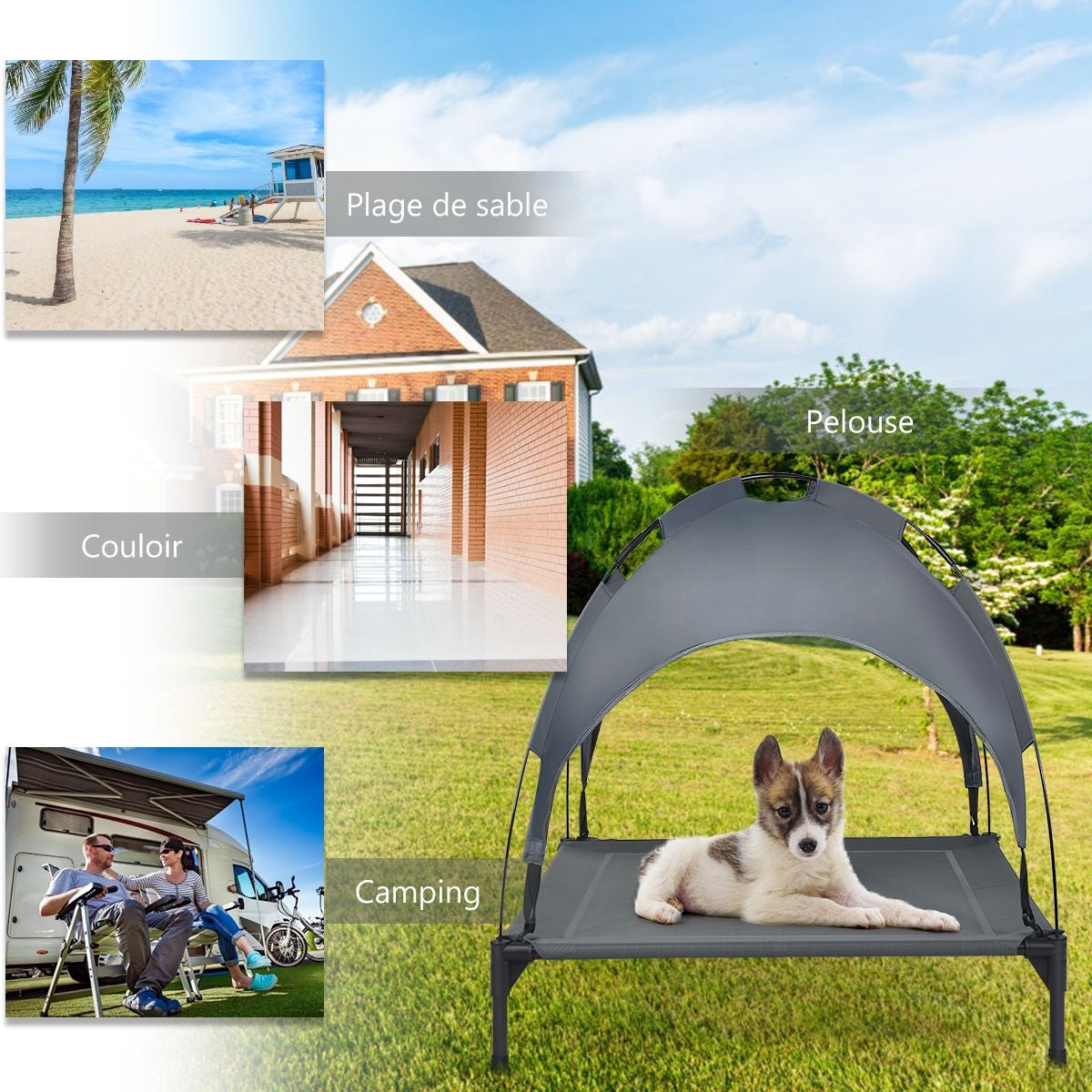 Lit Pour Chien Sur Pieds Cadre En Acier Robuste Utilisable À L'Intérieur Et L'Extérieur 90 X 81 X 86 CM/105 X 87 X 89 CM