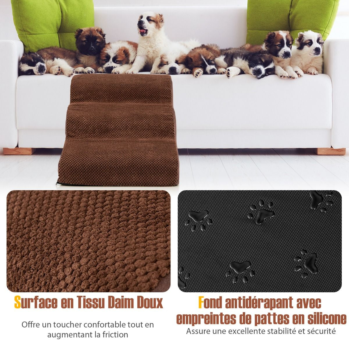 Escalier Pour Animaux À 3 Marches En Mousse Haute Densité Rampe Pour Chien/Chat Avec Fond Antidérapant Et Tissu Suédé Doux Café/Gris