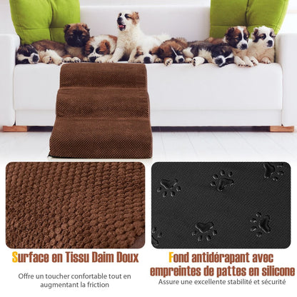 Escalier Pour Animaux À 3 Marches En Mousse Haute Densité Rampe Pour Chien/Chat Avec Fond Antidérapant Et Tissu Suédé Doux Café/Gris