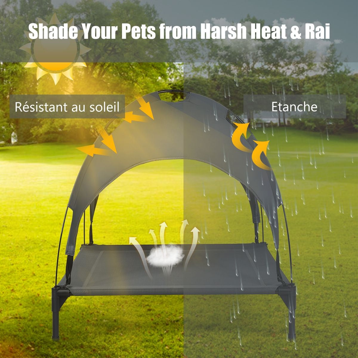 Lit Pour Chien Sur Pieds Cadre En Acier Robuste Utilisable À L'Intérieur Et L'Extérieur 90 X 81 X 86 CM/105 X 87 X 89 CM