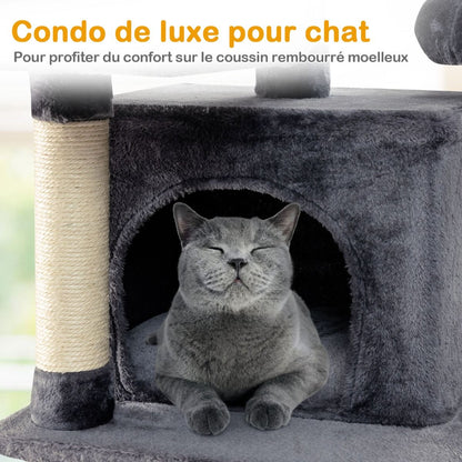 Arbre À Chat Griffoir 60X50X170 Cm Avec Poteaux Planche À Gratter 3 Perchoirs En Peluche 2 Niches 3 Peluches Suspendues