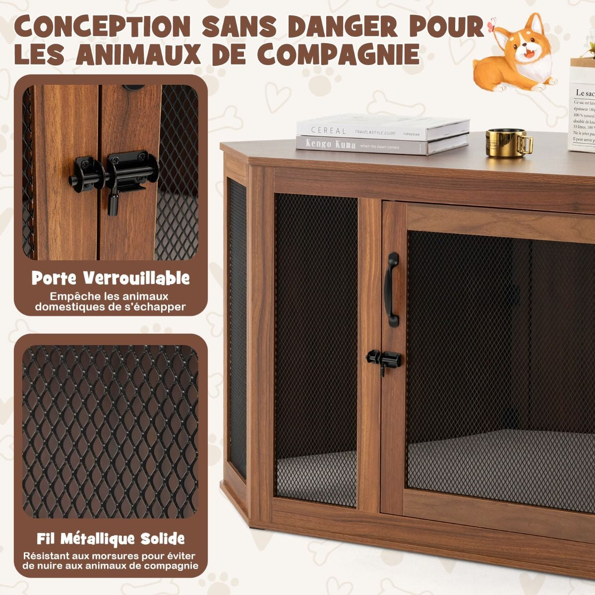 Cage Pour Chien Intérieur XXL Cage D’Angle Pour Animaux De Compagnie Avec Porte Verrouillabl Niche Chien Caisse Chien 114 X 60 X 68 CM Brun