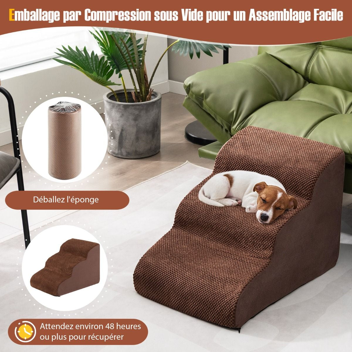 Escalier Pour Animaux À 3 Marches En Mousse Haute Densité Rampe Pour Chien/Chat Avec Fond Antidérapant Et Tissu Suédé Doux Café/Gris