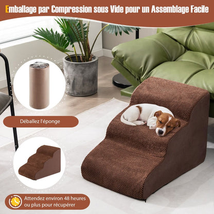 Escalier Pour Animaux À 3 Marches En Mousse Haute Densité Rampe Pour Chien/Chat Avec Fond Antidérapant Et Tissu Suédé Doux Café/Gris