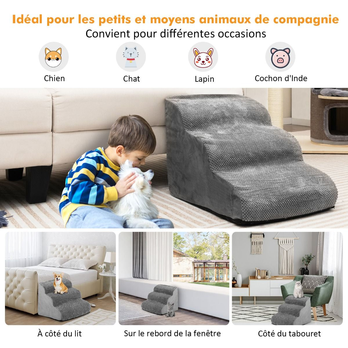 Escalier Pour Animaux À 3 Marches En Mousse Haute Densité Rampe Pour Chien/Chat Avec Fond Antidérapant Et Tissu Suédé Doux Café/Gris