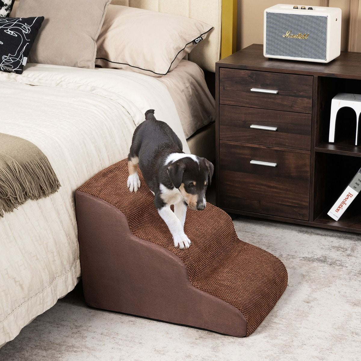 Escalier Pour Animaux À 3 Marches En Mousse Haute Densité Rampe Pour Chien/Chat Avec Fond Antidérapant Et Tissu Suédé Doux Café/Gris