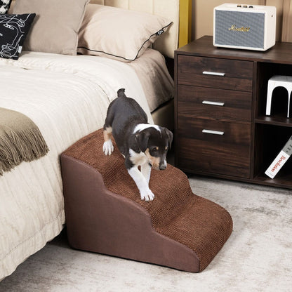 Escalier Pour Animaux À 3 Marches En Mousse Haute Densité Rampe Pour Chien/Chat Avec Fond Antidérapant Et Tissu Suédé Doux Café/Gris