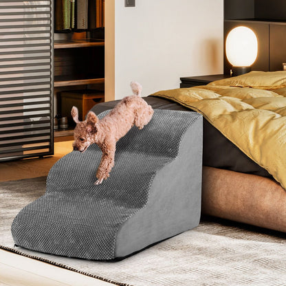 Escalier Pour Animaux À 3 Marches En Mousse Haute Densité Rampe Pour Chien/Chat Avec Fond Antidérapant Et Tissu Suédé Doux Café/Gris