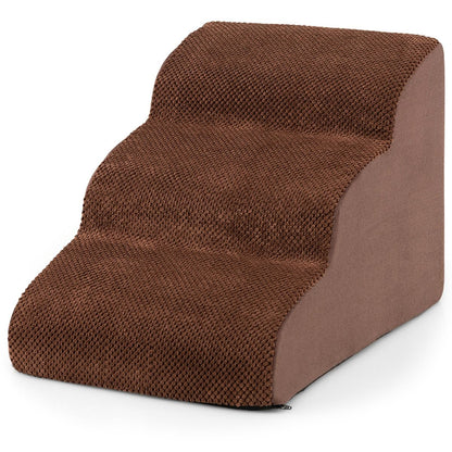 Escalier Pour Animaux À 3 Marches En Mousse Haute Densité Rampe Pour Chien/Chat Avec Fond Antidérapant Et Tissu Suédé Doux Café/Gris