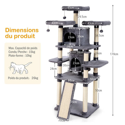 Arbre À Chat Griffoir 60X50X170 Cm Avec Poteaux Planche À Gratter 3 Perchoirs En Peluche 2 Niches 3 Peluches Suspendues