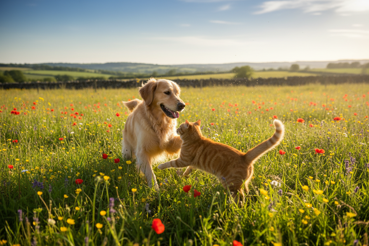 Chien et chat à la campagne