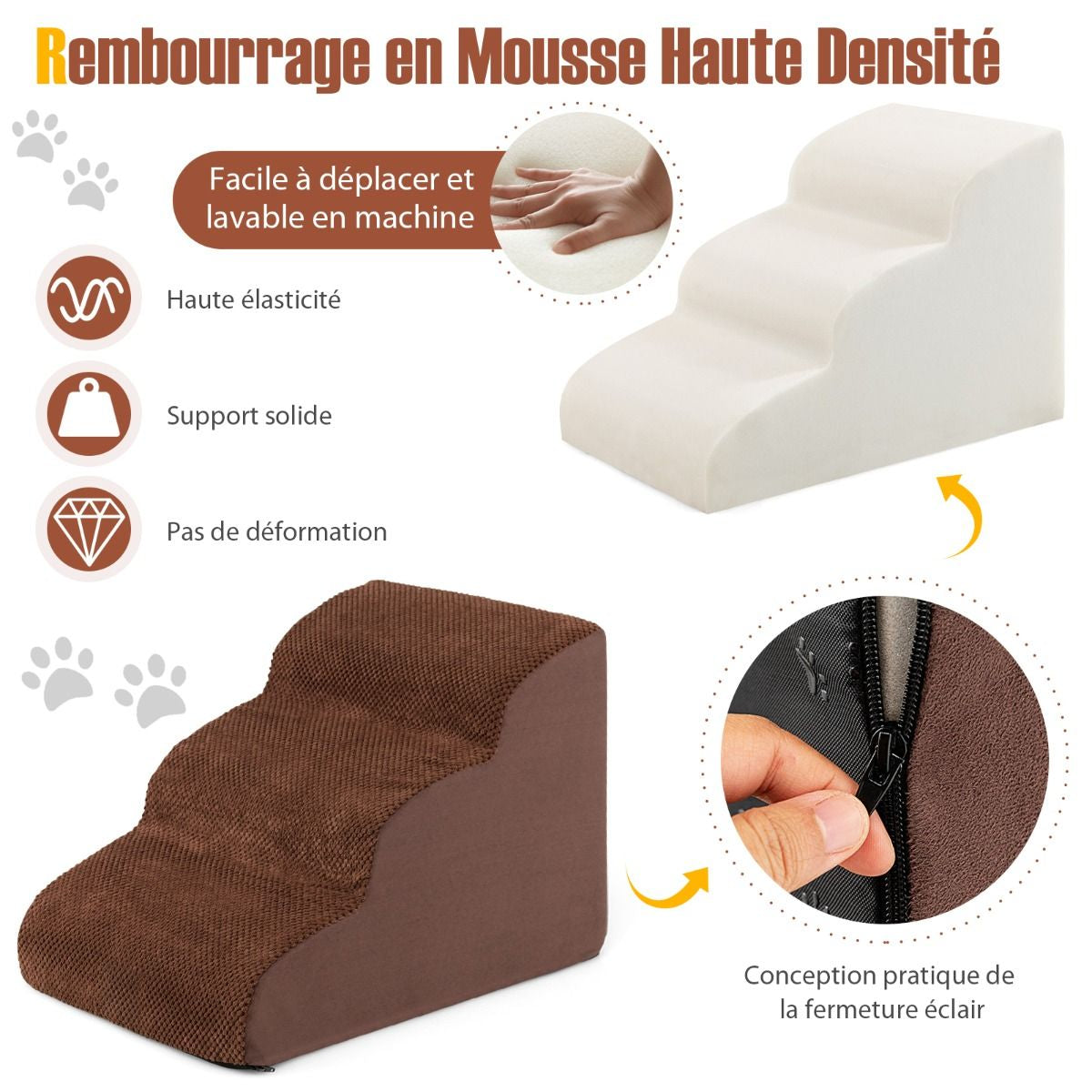 Escalier Pour Animaux À 3 Marches En Mousse Haute Densité Rampe Pour Chien/Chat Avec Fond Antidérapant Et Tissu Suédé Doux Café/Gris