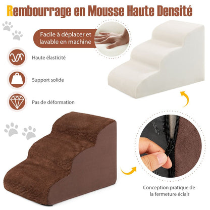 Escalier Pour Animaux À 3 Marches En Mousse Haute Densité Rampe Pour Chien/Chat Avec Fond Antidérapant Et Tissu Suédé Doux Café/Gris