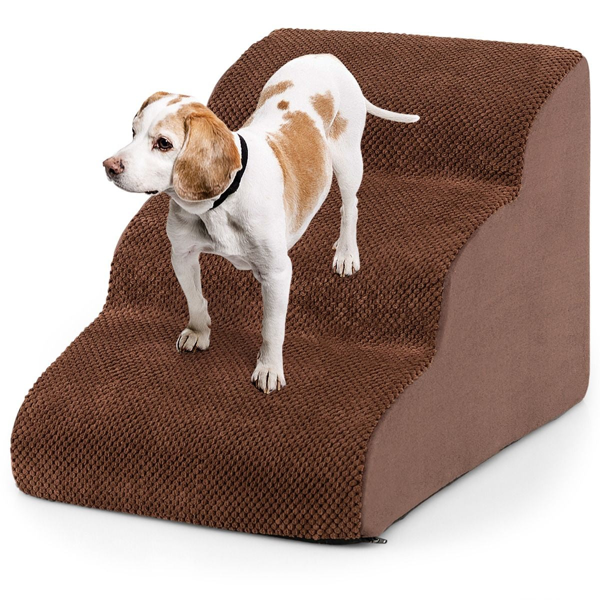 Escalier Pour Animaux À 3 Marches En Mousse Haute Densité Rampe Pour Chien/Chat Avec Fond Antidérapant Et Tissu Suédé Doux Café/Gris