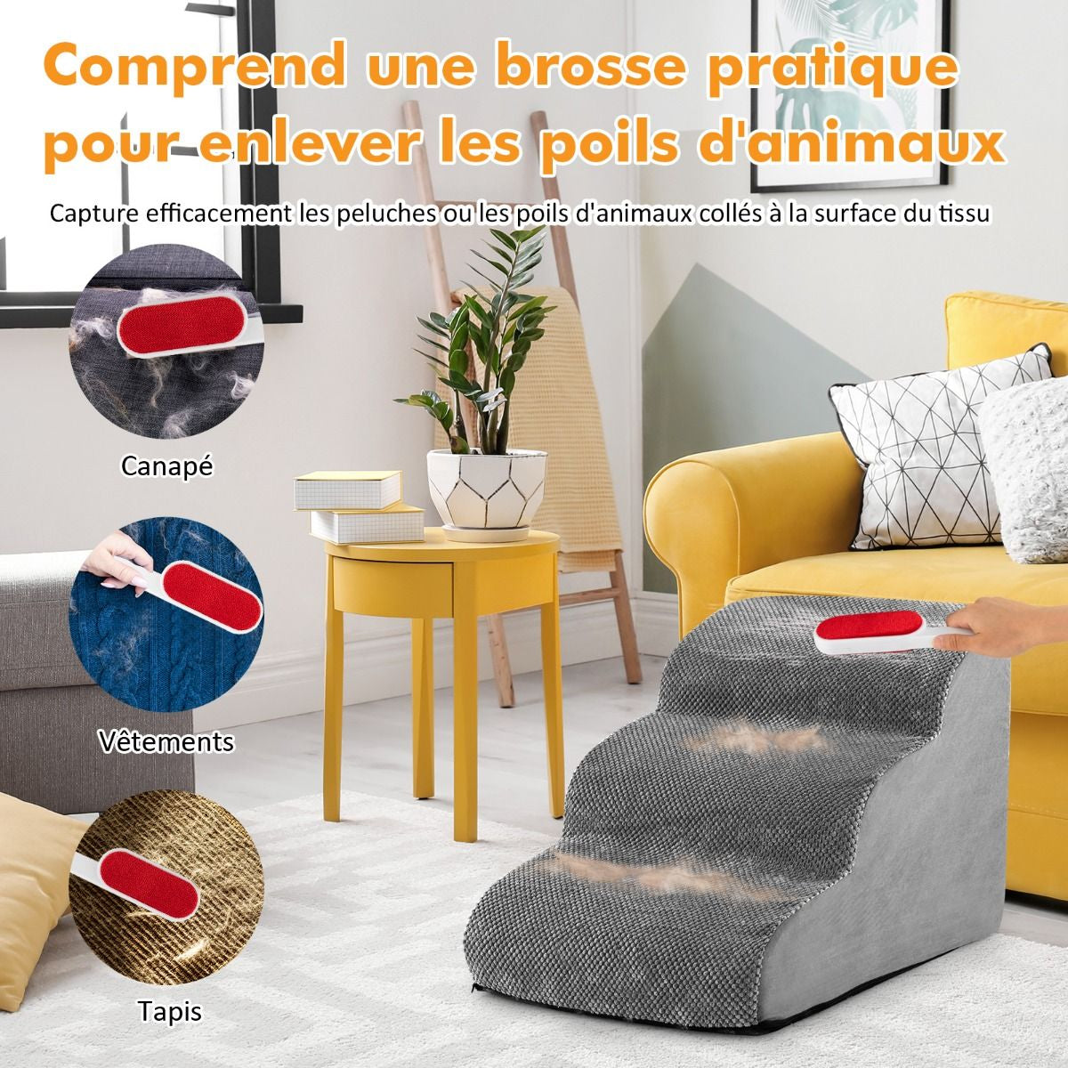 Escalier Pour Animaux À 3 Marches En Mousse Haute Densité Rampe Pour Chien/Chat Avec Fond Antidérapant Et Tissu Suédé Doux Café/Gris