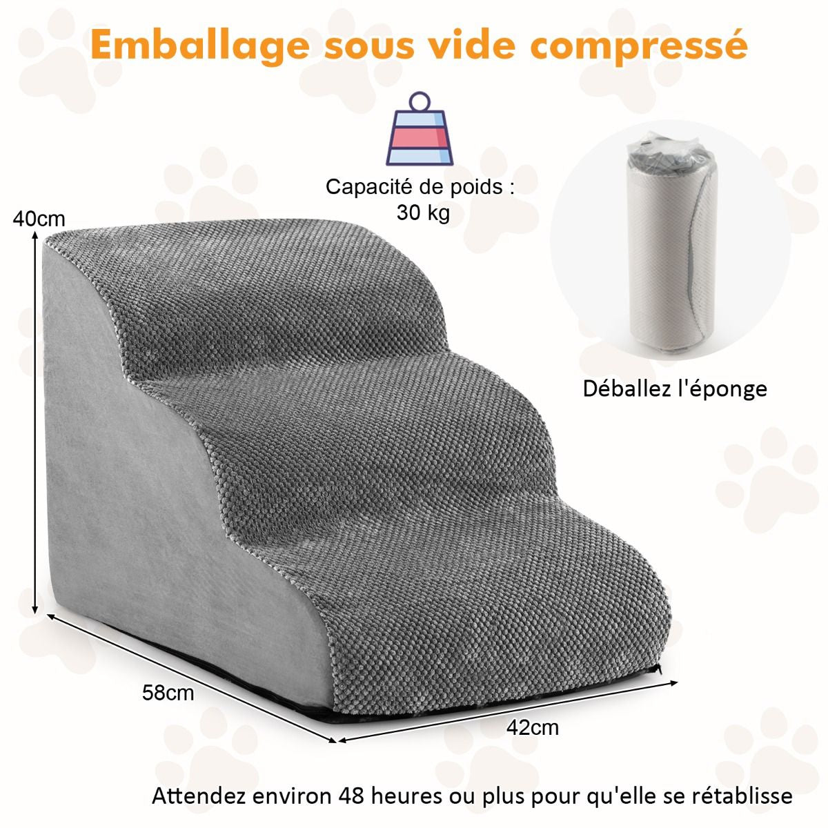 Escalier Pour Animaux À 3 Marches En Mousse Haute Densité Rampe Pour Chien/Chat Avec Fond Antidérapant Et Tissu Suédé Doux Café/Gris