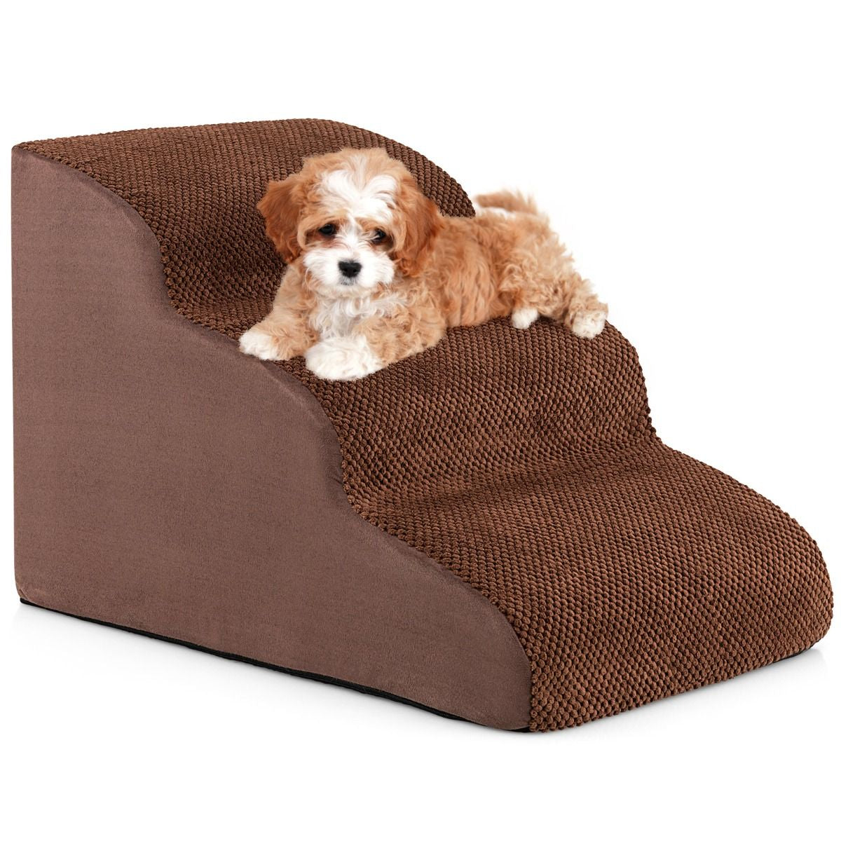 Escalier Pour Animaux À 3 Marches En Mousse Haute Densité Rampe Pour Chien/Chat Avec Fond Antidérapant Et Tissu Suédé Doux Café/Gris