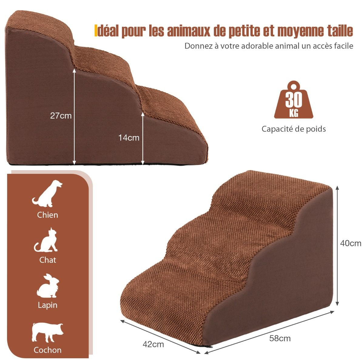 Escalier Pour Animaux À 3 Marches En Mousse Haute Densité Rampe Pour Chien/Chat Avec Fond Antidérapant Et Tissu Suédé Doux Café/Gris