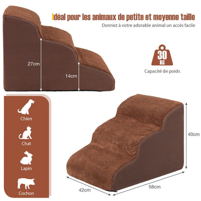 Escalier Pour Animaux À 3 Marches En Mousse Haute Densité Rampe Pour Chien/Chat Avec Fond Antidérapant Et Tissu Suédé Doux Café/Gris